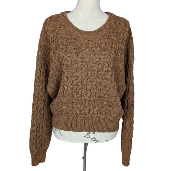 Beige Botany Sweaters - Beige Botany Cable Knit Open Back Wool Blend Sweater Brown Size Small